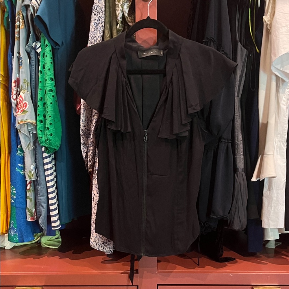 Stella & Jamie Black Ruffled Zip-Front Blouse